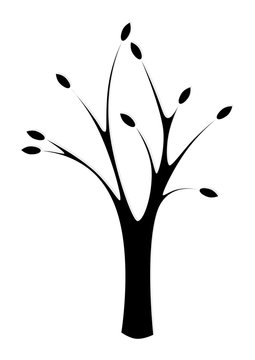 black tree silhouette with leaves with gray shadow on white background
