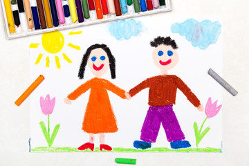 Colorful drawing: smiling boy and girl holding hands. Happy couple