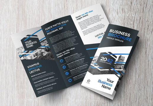 Trifold Brochure Layout with Black and Blue Accents