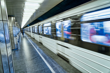 Budapest Subway Train speeding up in the station. Transportation concept