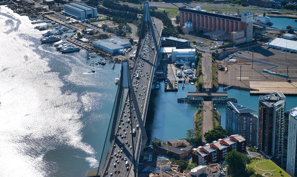 Sunset aerial view of Sydney Anzac Bridge