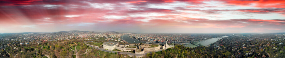 Fototapeta na wymiar Budapest, Hungary. Panoramic aerial view of city skyline at sunset from Citadel Hill