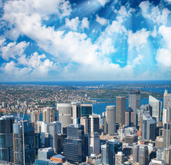 Fototapeta premium Sunset aerial view of Sydney skyline with Barangaroo and CBD