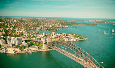 Fototapeta na wymiar Aerial view of Sydney Harbor Bridge, city symbol, Australia
