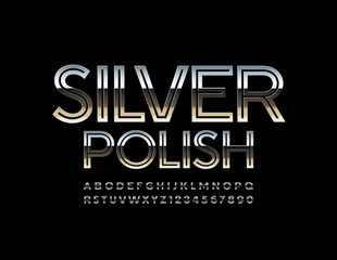 Vector reflective emblem Silver Polish. Glossy metallic Uppercase ALphabet Letters and Symbols 