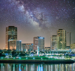 Downtown San Diego on a starry night, California. View from the city port
