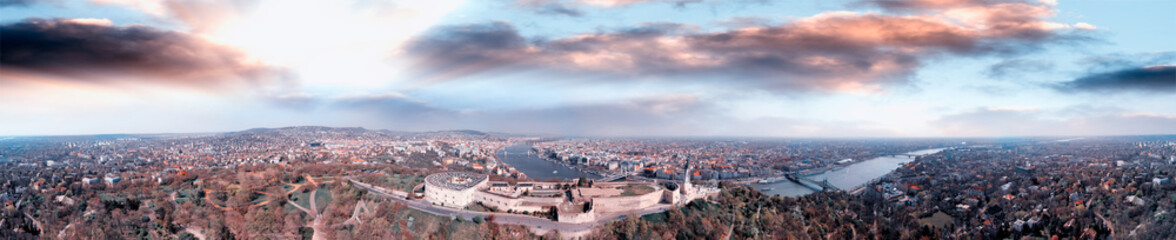 The Citadel and Budapest skyline. Panoramic aerial view of Hungarian Capital