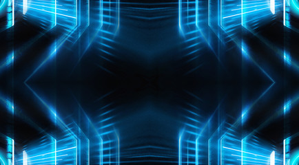 Fototapeta na wymiar Tunnel in blue neon light, underground passage. Abstract blue background. Background of an empty black corridor with neon light. Abstract background with lines and glow