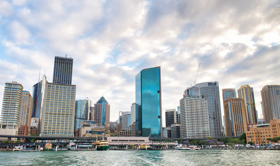 Fototapeta na wymiar Beautiful view of Downtown Sydney skyline from cruise ship in Sydney Harbor