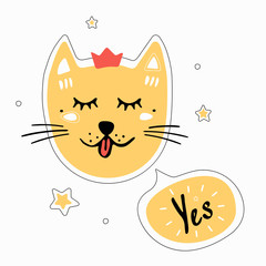 Cute animals stickers. Color illustration with cat and speech bubble yes
