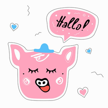 Cute animals stickers. Color illustration with pig and speech bubble hallo
