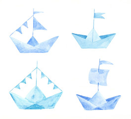 Set of watercolor paper ships.