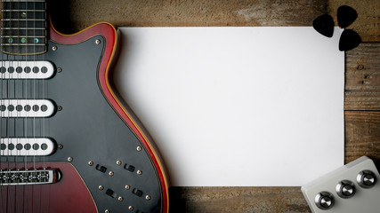Electric guitar background with blank copy space and accessories