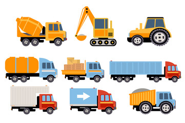 Construction and cargo transport set, heavy equipment, construction vehicles vector Illustrations on a white background