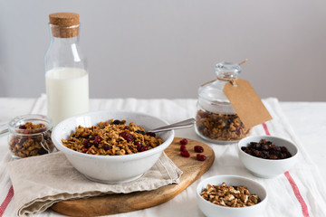 Homemade granola with milk and nuts for breakfast side view, copy space