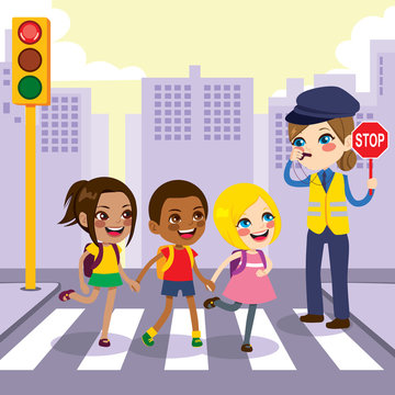 Police woman holding stop sign helping three young children students crossing crosswalk on the city while traffic light is red color