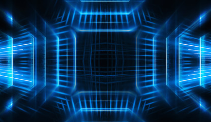 Tunnel in blue neon light, underground passage. Abstract blue background. Background of an empty black corridor with neon light. Abstract background with lines and glow