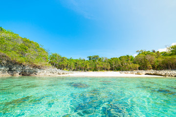 Desert beach viewed from the sea, turquoise blue water, tropical paradise, travel destination, Kei Island, Moluccas, Indonesia, no people