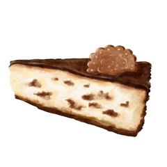 Hand drawn chocolate cheesecake with cookie on watercolor paper isolated on white background. Delicious dessert illustration.