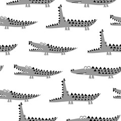 Crocodile pattern design with several alligators - funny hand drawn doodle, seamless pattern. Lettering poster or t-shirt textile graphic design. / wallpaper, wrapping paper, background.