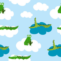 Crocodile pattern design with several alligators - funny hand drawn doodle, seamless pattern. Lettering poster or t-shirt textile graphic design. / wallpaper, wrapping paper, background.