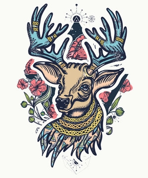 Christmas deer and art nouveau flowers color tattoo and t-shirt design. Symbol of winter and new year