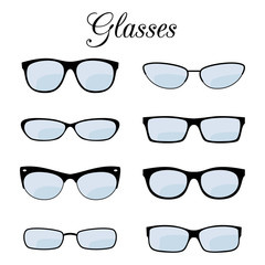 Vector fashion glasses of set isolated on white. Glasses for eyesight, eyeglasses lens illustration