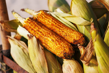 Corn cobs on the grill. Close-up image with corns and hands. Asian, Indian and Chinese street food. Trolley on the beach GOA