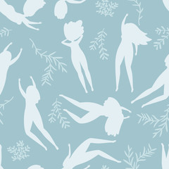 Swimming women silhouettes seamless pattern flat background. Vector woman body, young girl swimming underwater illustration