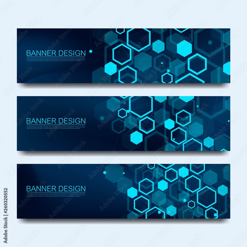 Poster abstract molecules banners set with lines, dots, circles, polygons. vector design network communicat