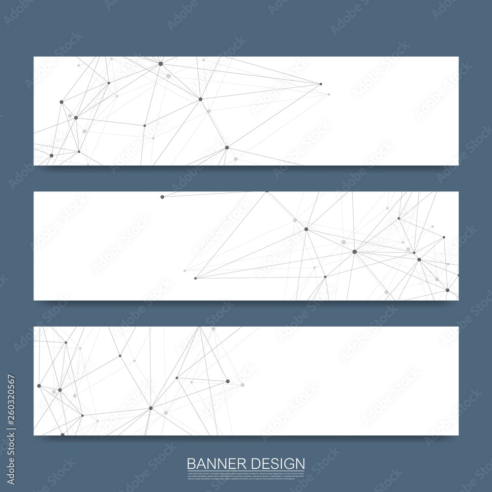 Poster Abstract molecules banners set with lines, dots, circles, polygons. Vector design network communication background. Futuristic digital science technology concept for web banner template or brochure.