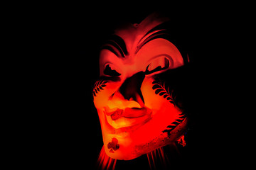 Panjim, India - View of Red Goblin Mask Art of the traditional Goa carnival on March 02, 2019. Carnival is celebrated in Goa since 18th century