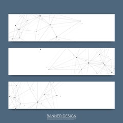 Abstract molecules banners set with lines, dots, circles, polygons. Vector design network communication background. Futuristic digital science technology concept for web banner template or brochure.