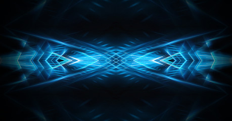 Tunnel in blue neon light, underground passage. Abstract blue background. Background of an empty black corridor with neon light. Abstract background with lines and glow