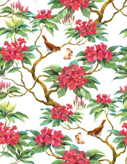 Fototapety  Kwitnąca gałąź rododendronów z ptaków i motyli. Jednolite tło wzór w wersji 1