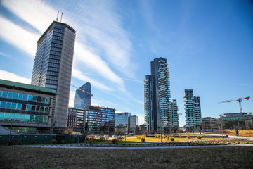 Fototapeta premium Modern european cityscape with park and business buildings