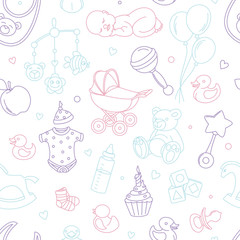 Fototapeta na wymiar Newborn baby shower nursery seamless pattern thin line doodle cartoon