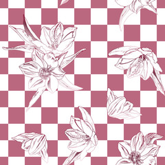 Seamless pattern with tropic flowers on chequered background, chessboard for textile, bedlinen, pillow, cushion, undergarment, wallpaper. Vector illustration