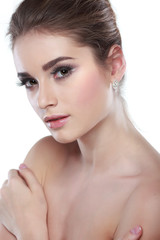 Naklejka premium Closeup portrait of sexy whiteheaded young woman with beautiful blue eyes isolated on a white background, emotions, cosmetics