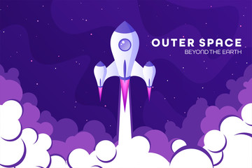 Space futuristic modern colorful background with rocket. Starship, spaceship in night sky. Solar system, galaxy and universe exploration. Vector illustration.