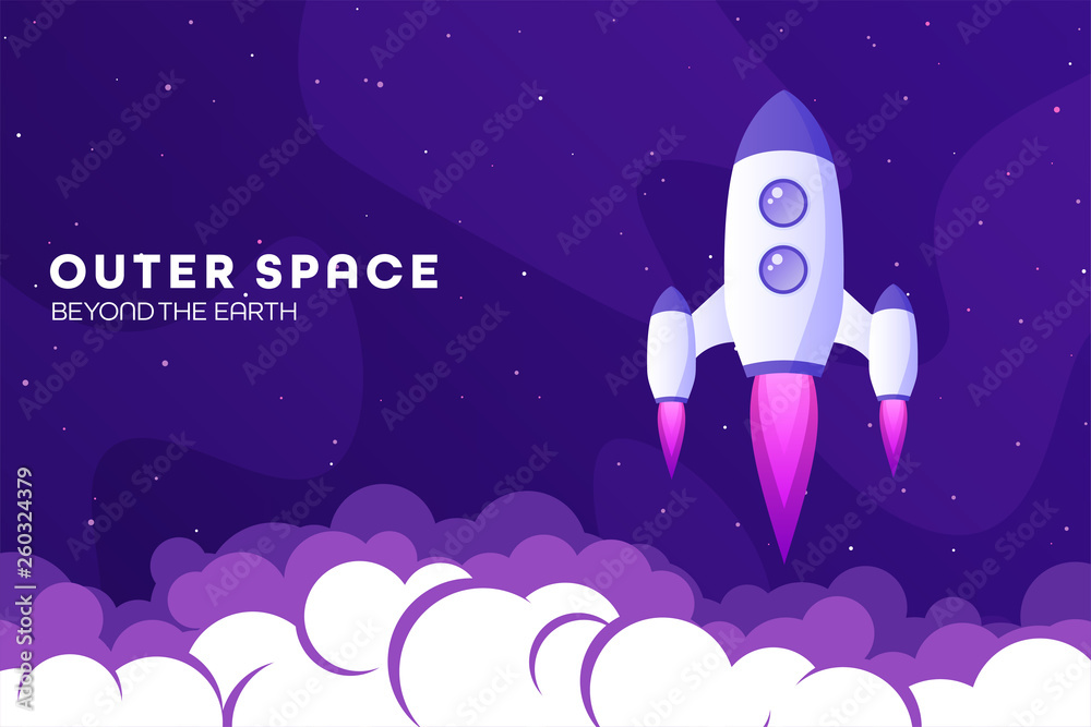 Wall mural space futuristic modern colorful background with rocket. starship, spaceship in night sky. solar sys