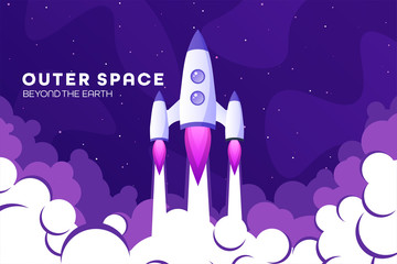 Space futuristic modern colorful background with rocket. Starship, spaceship in night sky. Solar system, galaxy and universe exploration. Vector illustration.