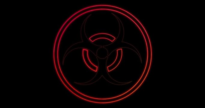 A red biohazard sign appears on a black background