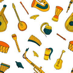 Seamless pattern with Ethnic musical folk instruments: flute pan, recorder, violin, string instruments and others.