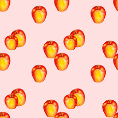 watercolor seamless pattern with red-yellow apples. Realistic illustration suitable for printing on fabric, paper, covers, packages, cards, invitations, For kitchen design, food packaging.