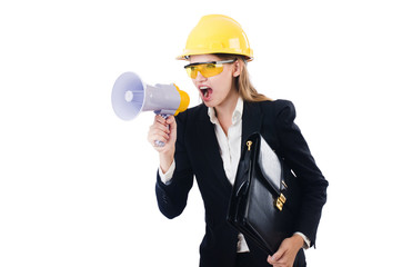 Woman with hard hat isolated on white