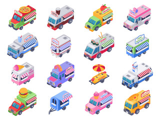Isometric food trucks. Street carts, hot dog truck and outdoor coffee selling market 3d vector illustration set