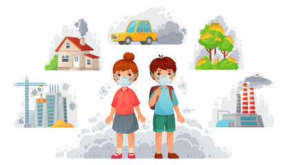 Children in N95 masks. Dirty environment protection, face mask protect from street smoke and PM2. 5 vector illustration