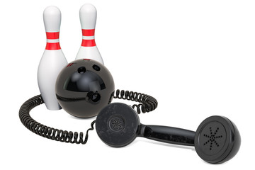 Telephone receiver with bowling ball and skittles, 3D rendering