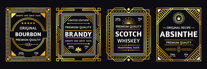 Art deco alcohol label. Vintage bourbon scotch, retro brandy and absinthe labels vector illustration
